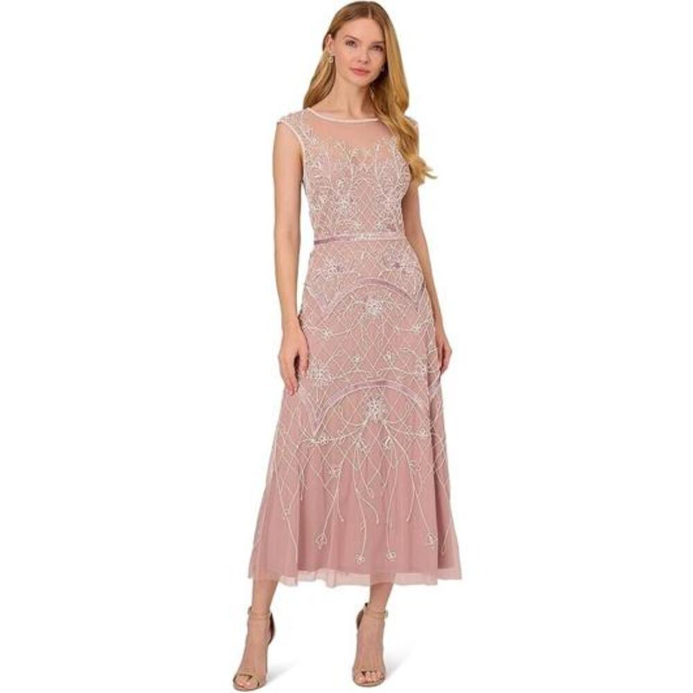 $450 Adrianna Papell Plus Beaded Midi Dress sz 14 Prom Gala Dusted Petal Ivory